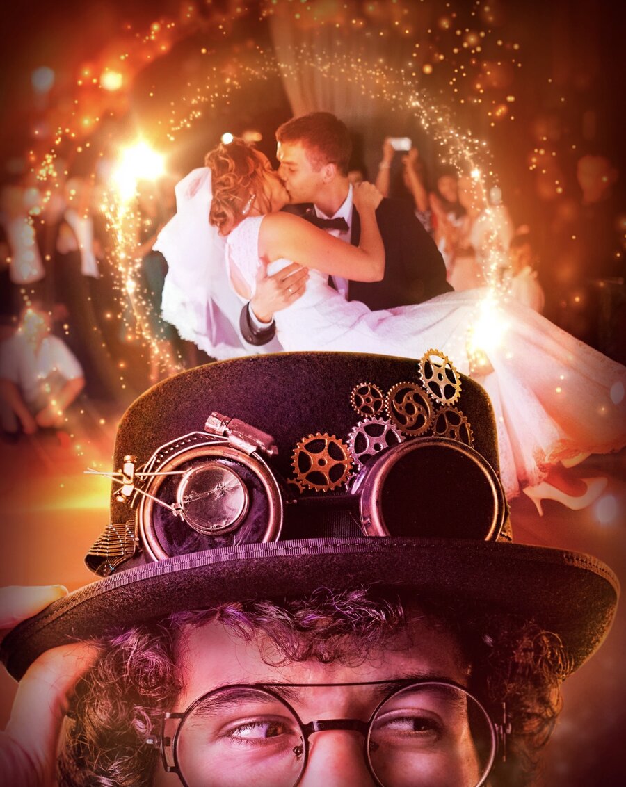 Noivos se beijando com fogos de artifício durante a festa de casamento